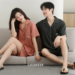 Contrast Piping Cotton Short Couple Pajamas