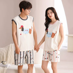 Sleeveless Snuggles: Cute Dachshund Cotton Couple Pajamas