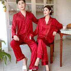 Romantic Faux Silk Couple Pajamas â€?Heart Print Luxury Sleepwear Set by Gullei