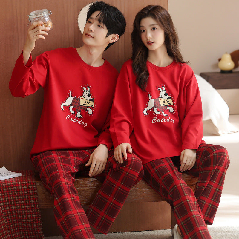 Matching Couple Pajamas Set â€?Red Plaid Dog Print, Soft Cotton Winter Wear