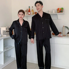 Urban Minimalist Faux Silk Couple Pajamas â€?Pinstripe Chic Sleepwear Set by Gullei