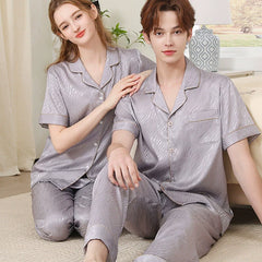 Modern Water Ripple Textured Satin Couple Pajamas