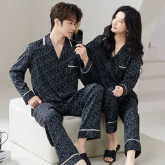 Luxury Monogram Faux Silk Couple Pajamas â€?Fashion-Forward Matching Sleepwear