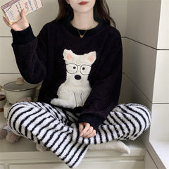 Cute Dog Applique Loungewear Set for Women | Gullei Plush Teddy Fleece Pajamas