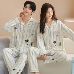 Matching Couple Pajamas Set â€?Dachshund Dog Print & Light Blue Stripes, 100% Cotton