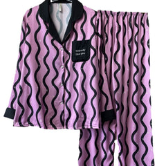 Women Pajamas Set â€?Trendy Pink/Black Wave Print Sleepwear