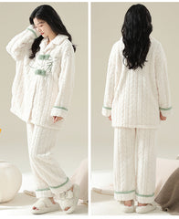 Women Pajamas Set â€?Plush Coral Fleece Frog Knot Loungewear