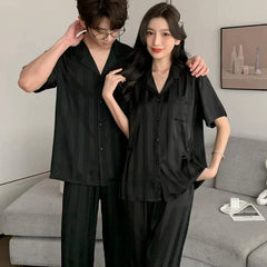 Minimalist Elegant Faux Silk Couple Pajamas â€?Stylish Black Satin Sleepwear Set by Gullei