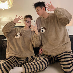 Matching Winter Couple Pajamas Set â€?Plush Puppy Embroidered Coral Fleece