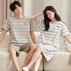 Striped Couple PJs - Cotton Tee & Dress Summer Set