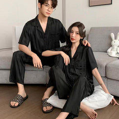 Minimalist Elegant Faux Silk Couple Pajamas â€?Stylish Black Satin Sleepwear Set by Gullei
