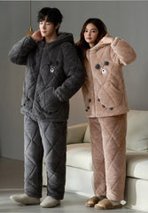 Gullei Bear-Ear Coral Fleece Couple Pajamas â€?Cozy & Playful Winter Set