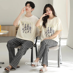 Casual Graphic & Plaid Cotton Couple Lounge Set