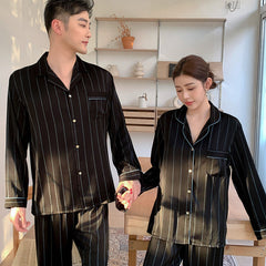 Urban Minimalist Faux Silk Couple Pajamas â€?Pinstripe Chic Sleepwear Set by Gullei