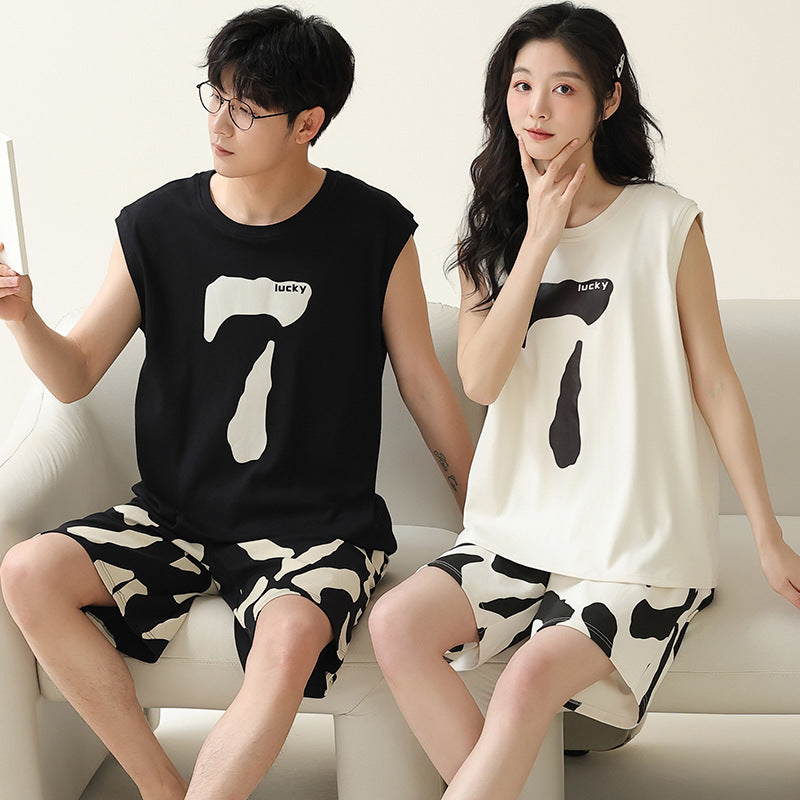Modern Minimalist Lucky 7 Couple Pajamas â€?Cotton Sleeveless Top & Shorts Set by Gullei