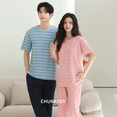 Sporty Striped Cotton Couple Lounge Set