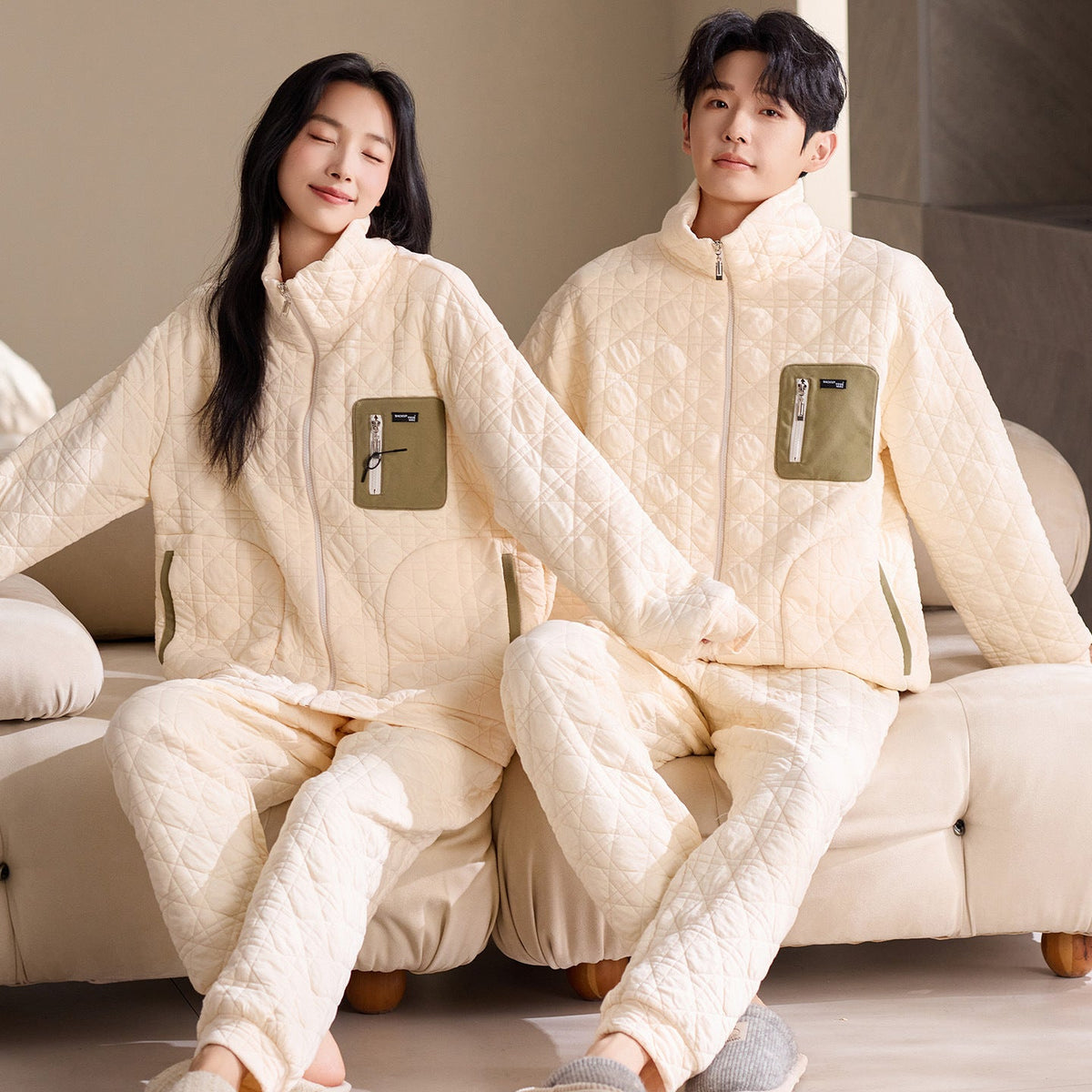 Modern Utility Couple Pajamas â€?Quilted Air Cotton Zip-Up Set by Gullei