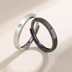 Engraved Sun & Moon Couple Rings - Silver Adjustable Set