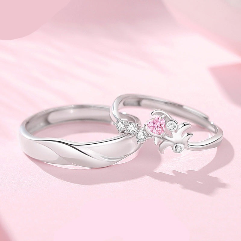Engraved Pink Zirconia Rings Set for Couples