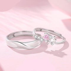Engraved Pink Zirconia Rings Set for Couples