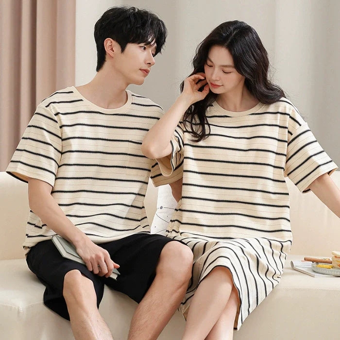 Thin Striped Couple PJs - Cotton Tee & Short Dress