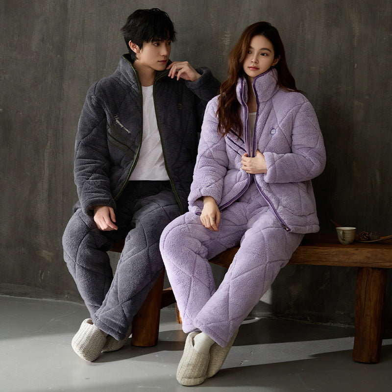 Gullei Quilted Coral Fleece Couple Pajamas â€?Warm & Cozy Winter Set