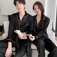 Matching Couple Pajamas â€?Geometric Jacquard Faux Silk Set with Gold Piping
