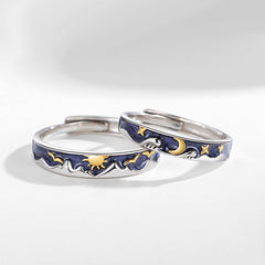 Engraved Sun and Moon Couple Rings Set for Two - Adjustable Size