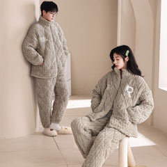 Matching Winter Couple Pajamas Set â€?Quilted Triple-Layer Fleece with Cotton Padding