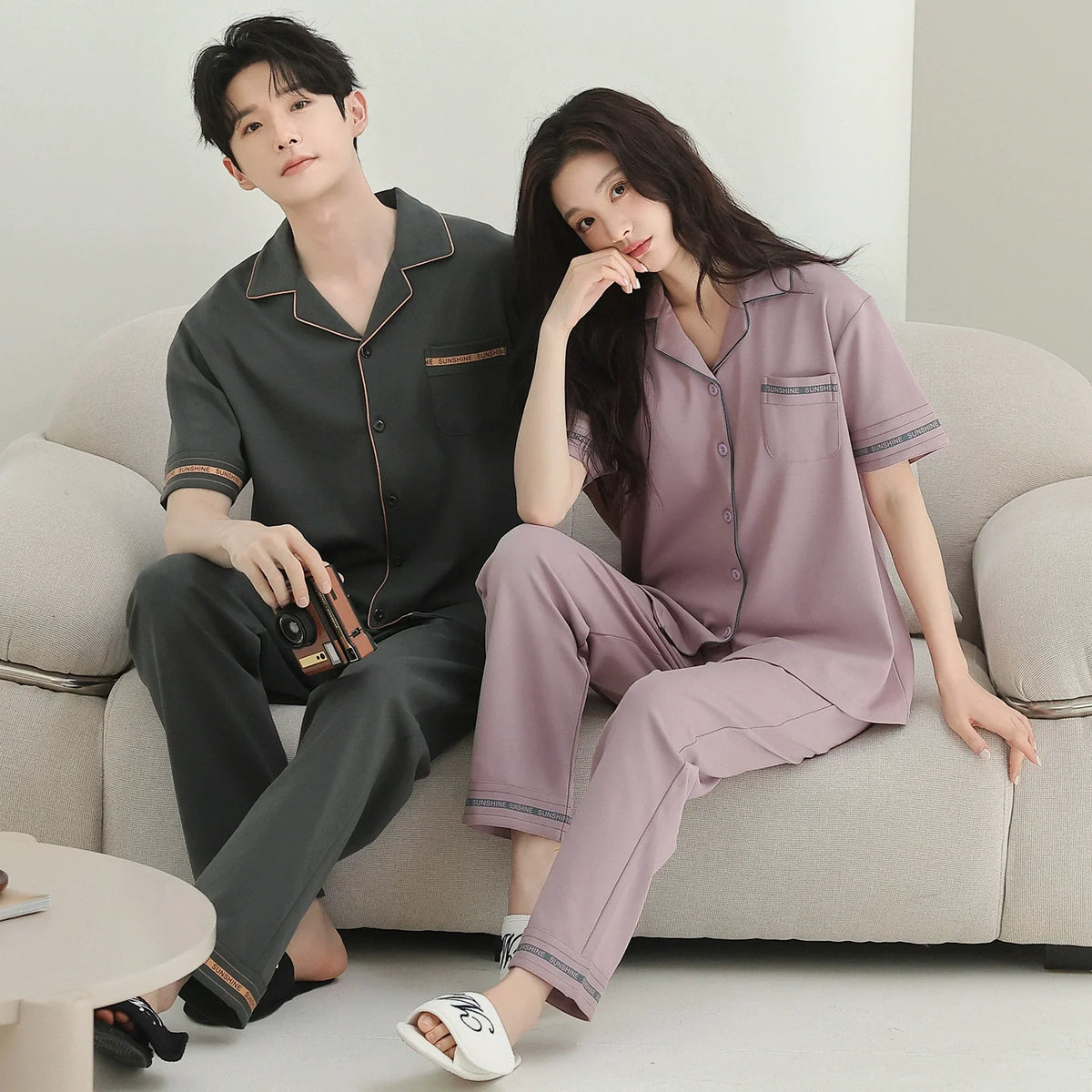Minimalist Contrast Piping Cotton Couple Pajamas