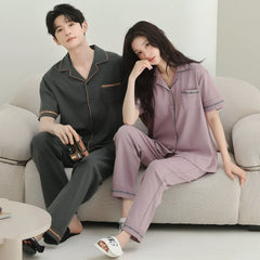 Minimalist Contrast Piping Cotton Couple Pajamas