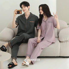 Minimalist Contrast Piping Cotton Couple Pajamas