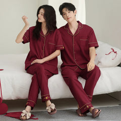 Burgundy Contrast Piping Cotton Couple Pajamas
