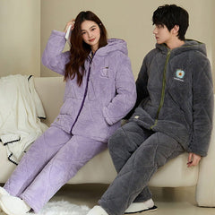 Minimalist Quilted Coral Fleece Couple Pajamas â€?Cozy Winter Set