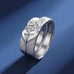 Engraved Kissing Deer Couple Promise Rings - Adjustable Sterling Silver Distance Relationship Gift