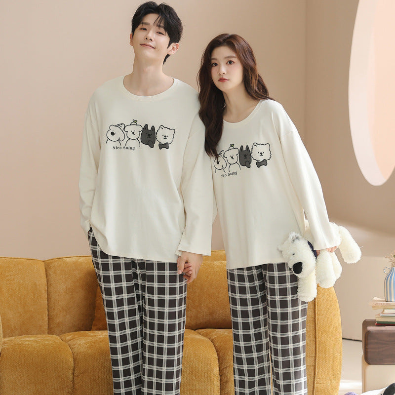 Matching Couple Pajamas Set â€?Cartoon Puppy Faces, Soft Cotton Comfort