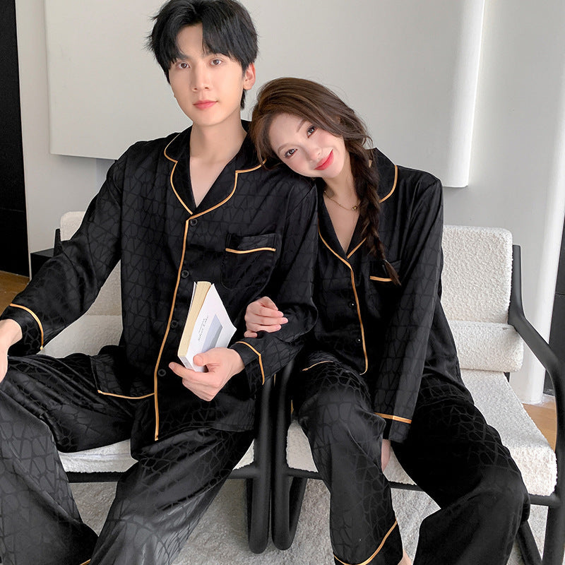 Matching Couple Pajamas â€?Geometric Jacquard Faux Silk Set with Gold Piping