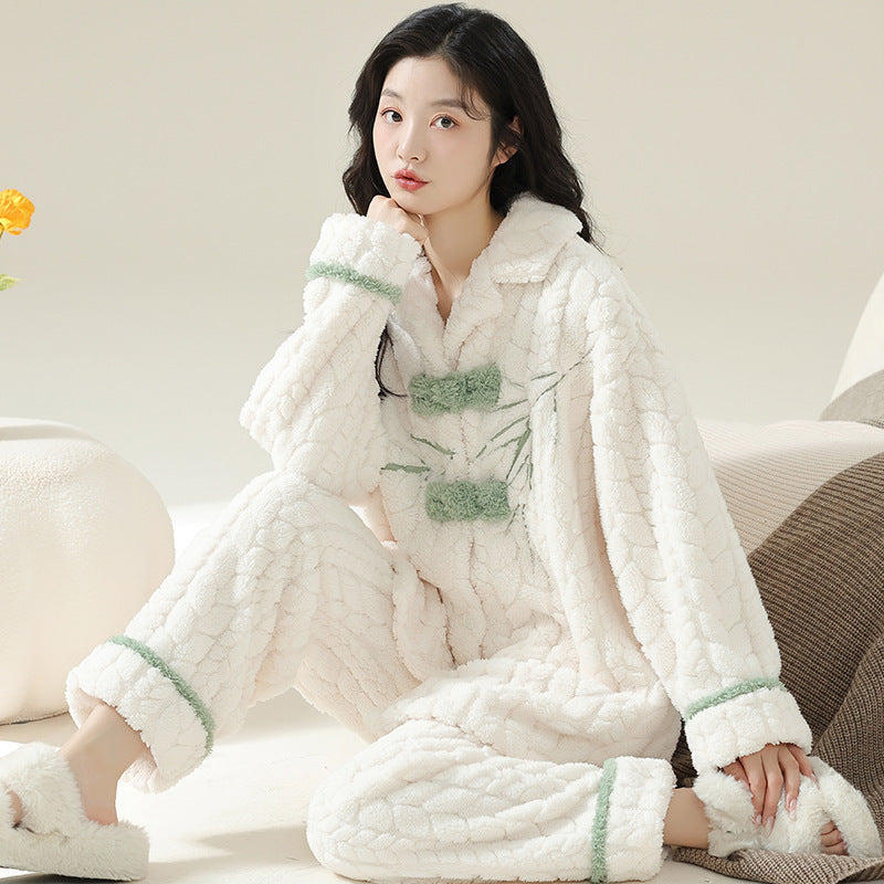 Women Pajamas Set â€?Plush Coral Fleece Frog Knot Loungewear