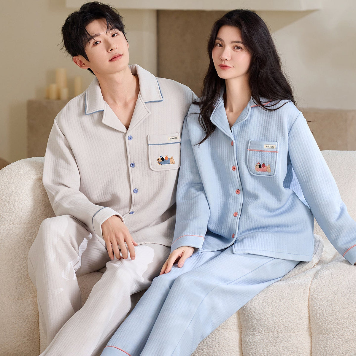 Matching Couple Pajamas Set â€?Air Cotton with Contrast Piping