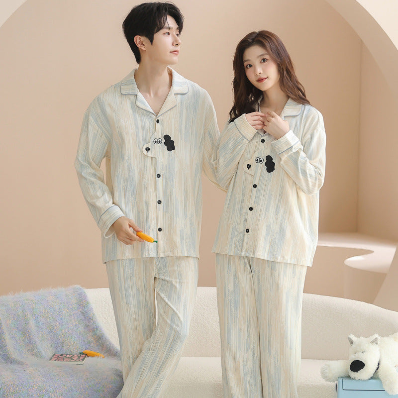 Matching Couple Pajamas Set â€?Minimalist Stripes with Dog Embroidery, 100% Cotton