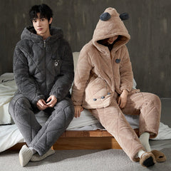 Gullei Bear-Ear Coral Fleece Couple Pajamas â€?Cozy & Playful Winter Set