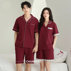 Elegant Lace Trim Cotton Couple Pajamas