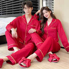 Matching Couple Pajamas â€?Monogram Patterned Faux Silk Set for Couples