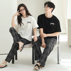 Youthful Plaid & Graphic Cotton Couple Lounge Set