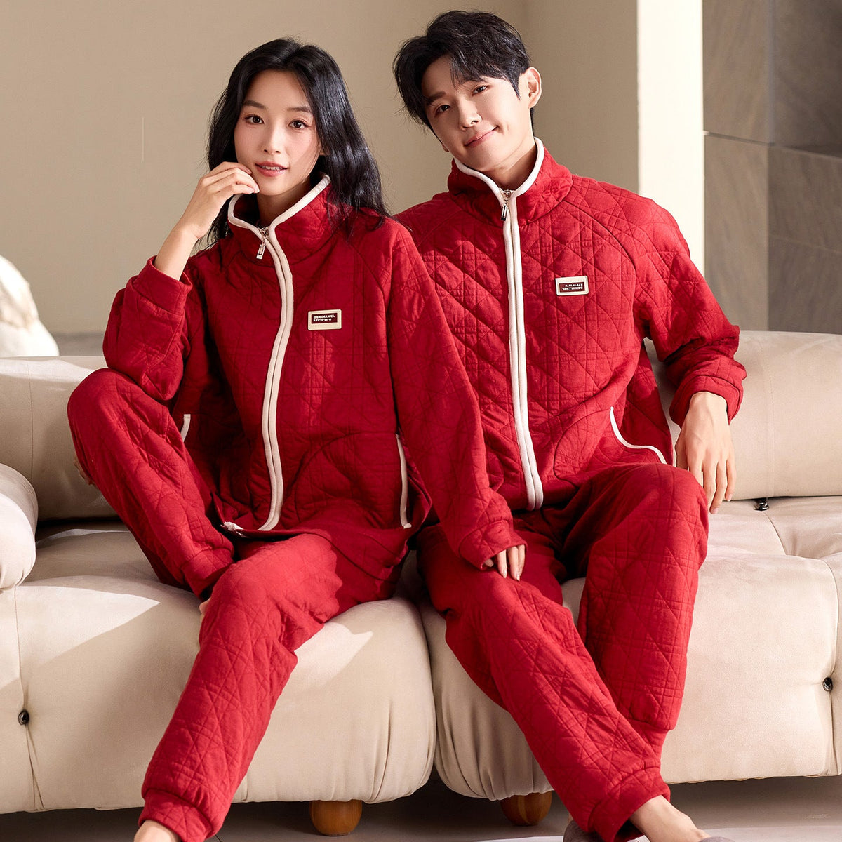Festive Quilted Couple Pajamas â€?Red Air Cotton Zip-Up Set by Gullei