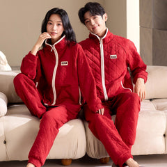 Festive Quilted Couple Pajamas â€?Red Air Cotton Zip-Up Set by Gullei
