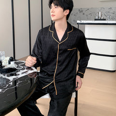Matching Couple Pajamas â€?Geometric Jacquard Faux Silk Set with Gold Piping