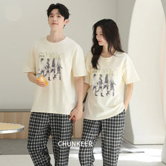 Casual Graphic & Plaid Cotton Couple Lounge Set