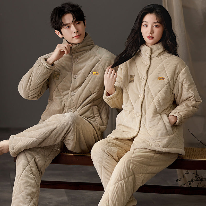 Button-Up Quilted Corduroy Couple Pajama Set â€?Ultra-Warm Winter Loungewear