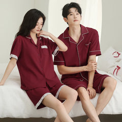 Elegant Lace Trim Cotton Couple Pajamas